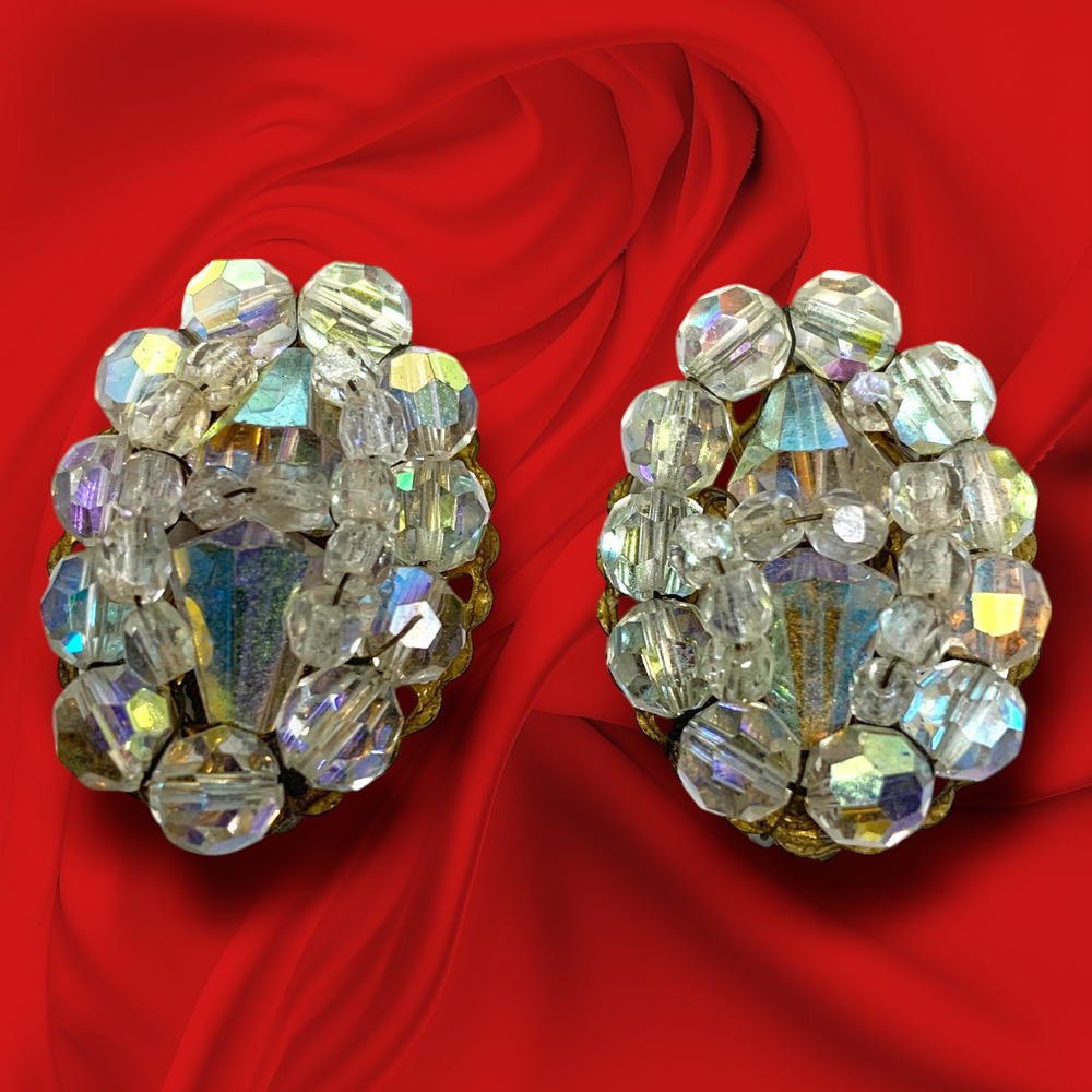 Vintage 1960's Aurora Borealis Beaded Cluster Earrings Clip On Couture Runway